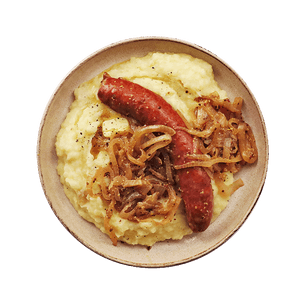 smoked-sausage-with-onion-gravy-and-mashed-potatoes