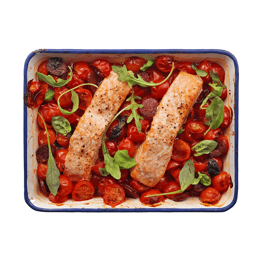 Roasted Salmon with Tomatoes & Sausage