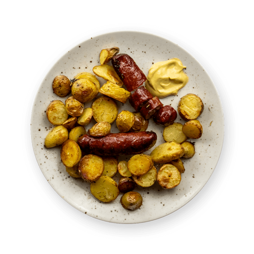 Saucisses et légumes rôtis aux pommes