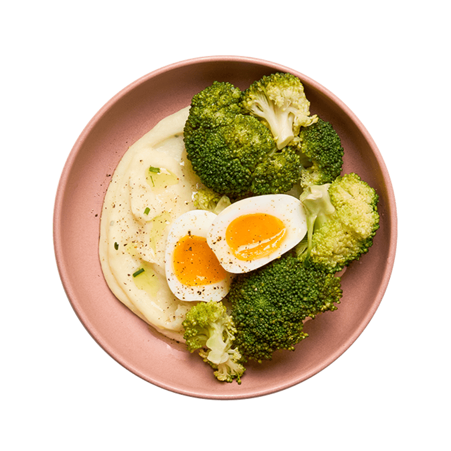 Soft-boiled Eggs with Cheesy Mashed Potatoes & Broccoli