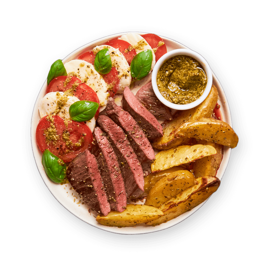 Steak with Pesto Caprese Salad & Potatoes