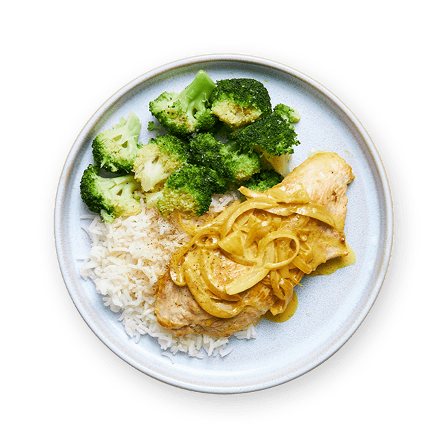 Curry de poulet au lait de coco, riz & brocoli
