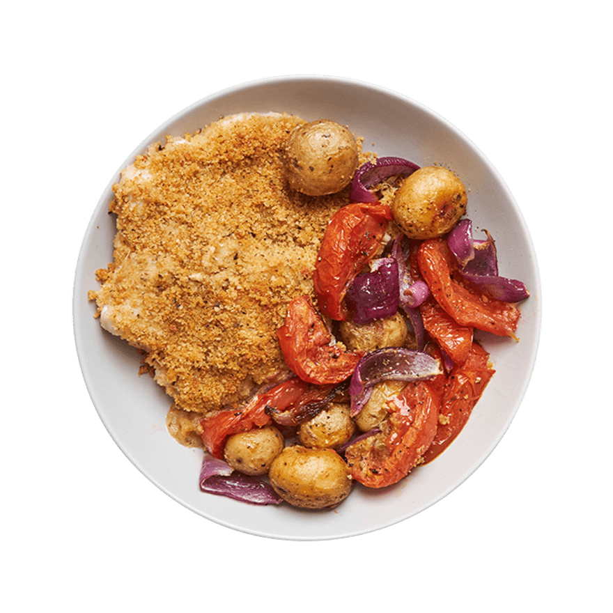 Poulet en croute de parmesan, pommes de terre & tomates rôties