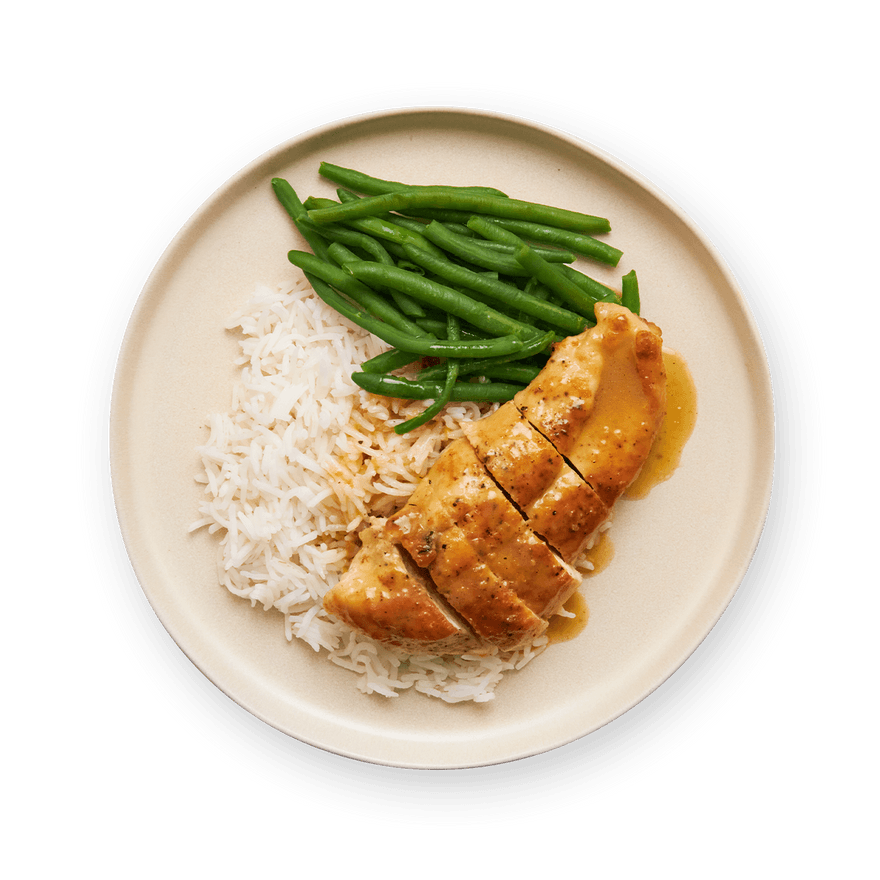 Poulet au beurre citronné, riz & haricots verts