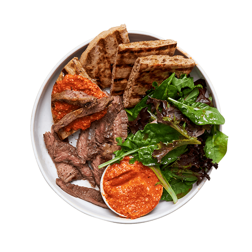 Grilled Steak with Romesco, Salad & Pita