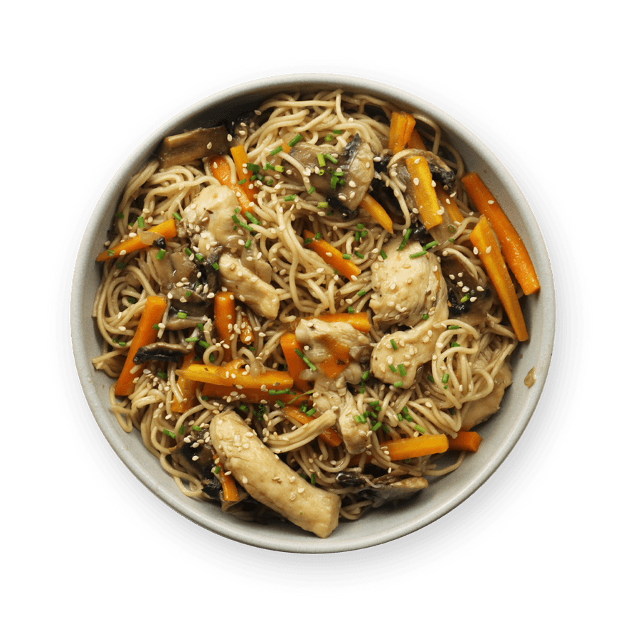 Jow - Recette : Nouilles sautées poulet & champignons