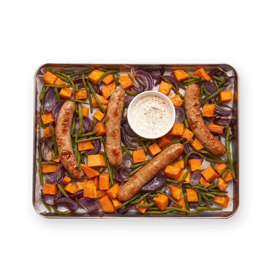 Sausage, Sweet Potato & Veggie Sheet Tray