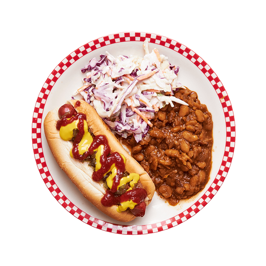Grilled Hot Dog with Baked Beans & Coleslaw