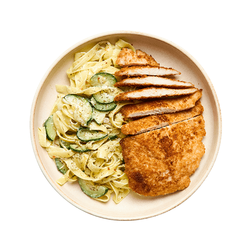 Crispy Chicken Cutlet with Creamy Zucchini Pasta