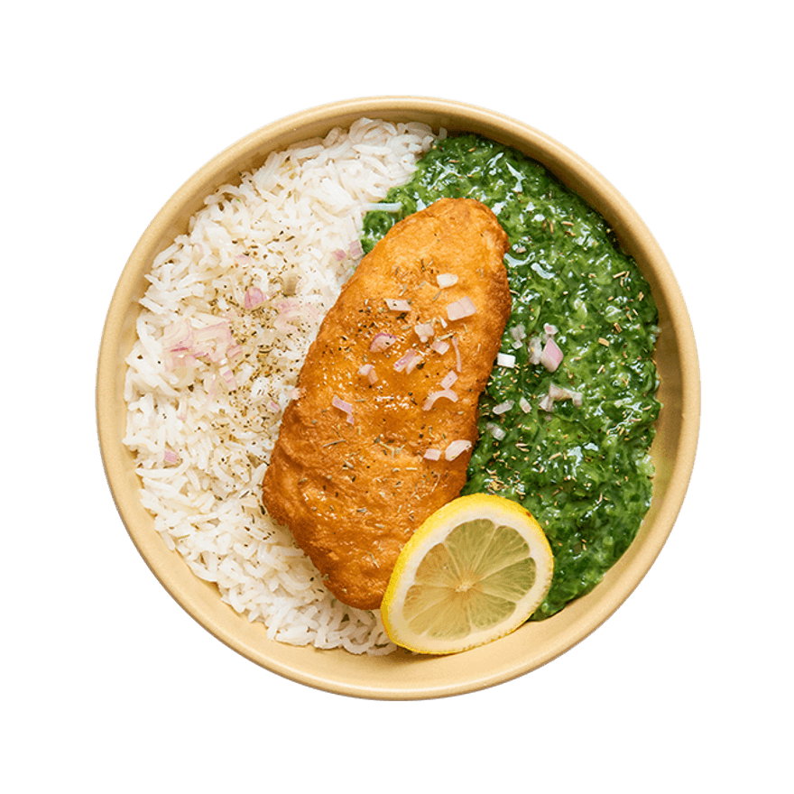 Breaded Fish with Creamed Spinach & Rice