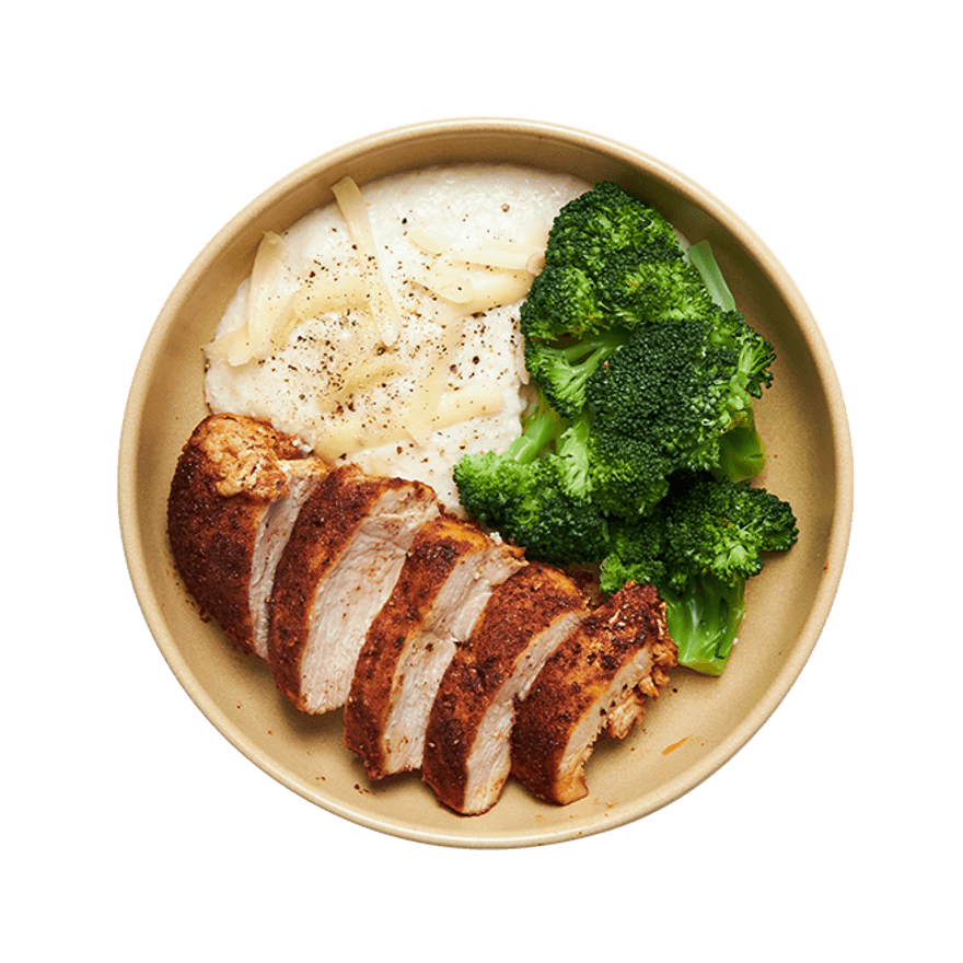 Blackened Chicken with Cheesy Grits & Broccoli