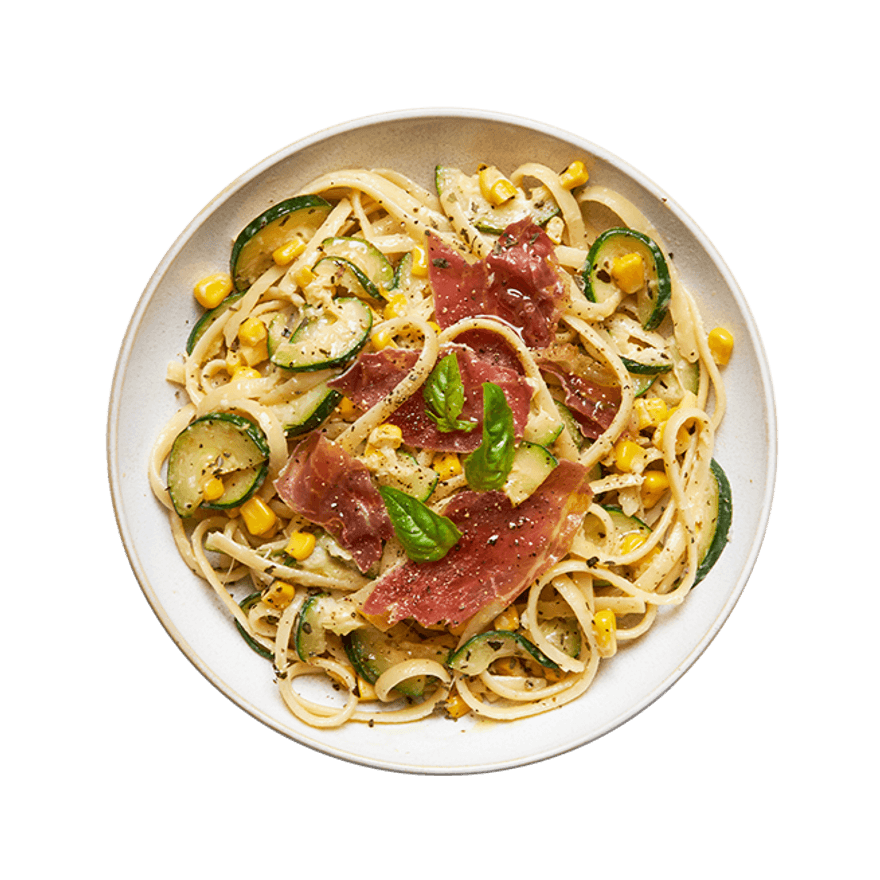 Creamy Corn, Prosciutto & Zucchini Pasta