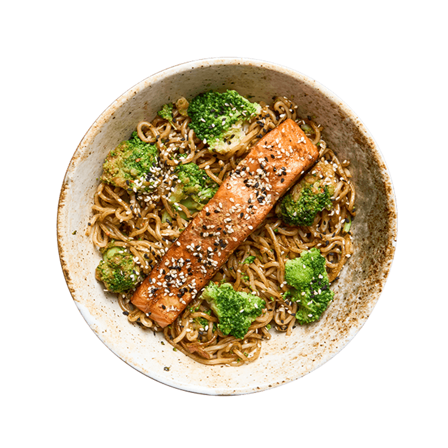 Ramen Noodles with Soy-Marinated Salmon & Broccoli