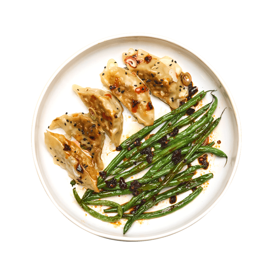 Dumplings with Garlic-Soy Green Beans