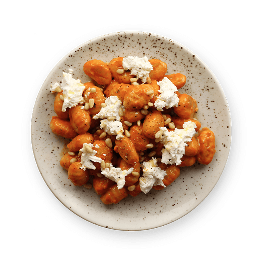 Gnocchi au pesto rouge, chèvre & pignons