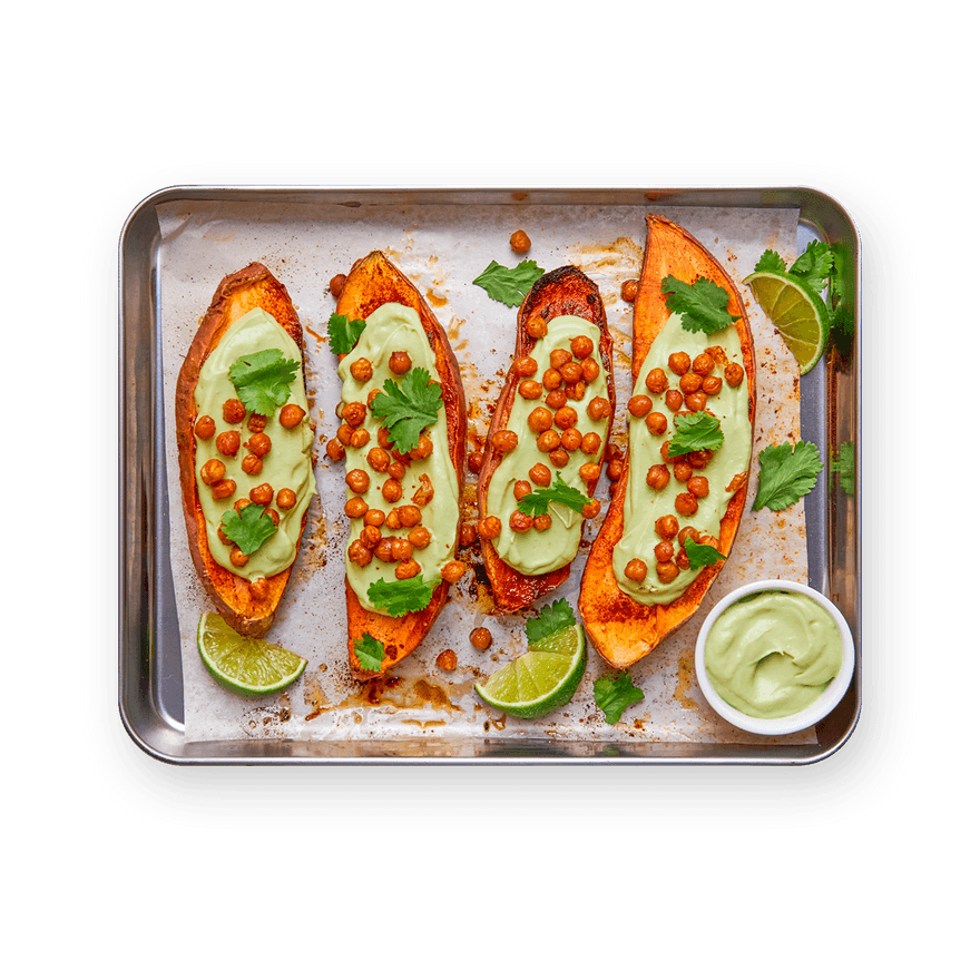 Roasted Sweet Potatoes with Chickpeas & Avocado Cream