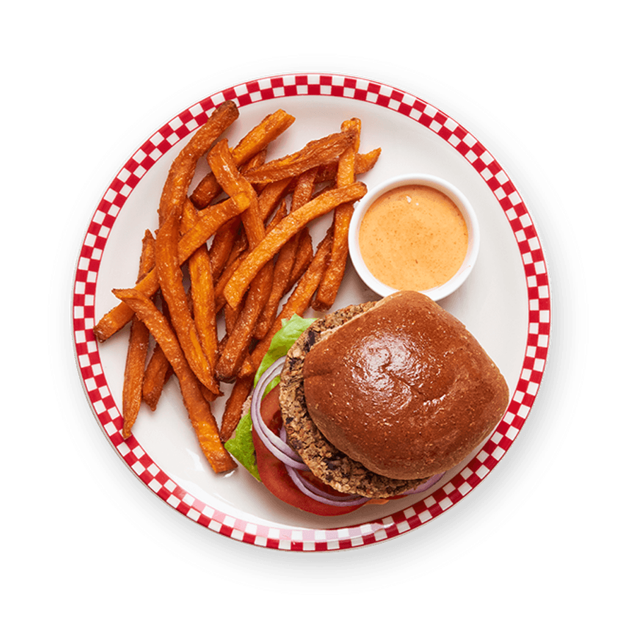 Black Bean Burger with Sweet Potato Fries