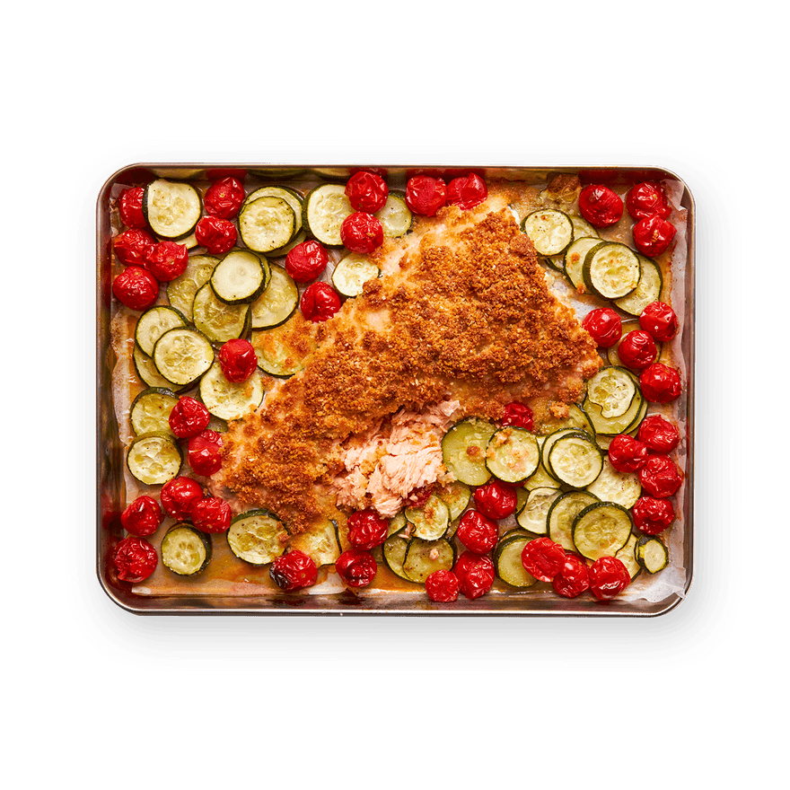 Crispy Coated Salmon with Summer Veggies