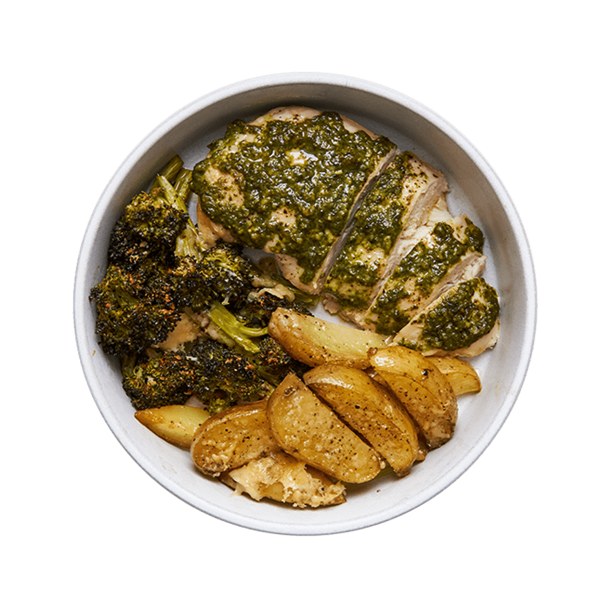 Pesto Chicken with Cheesy Potatoes & Broccoli