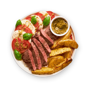 Steak with Pesto Caprese Salad & Potatoes