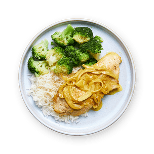 Curry de poulet au lait de coco, riz & brocoli