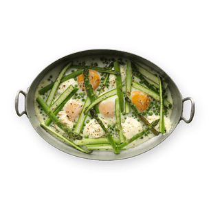 Baked Eggs with Asparagus & Peas