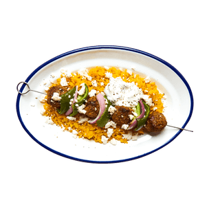 Greek Meatball Skewers with Feta & Rice