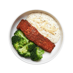 Blackened Salmon with Cheesy Grits & Broccoli