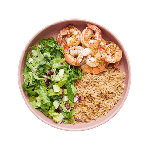 Crevettes à l'ail, riz & salade