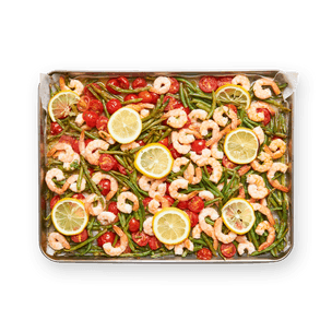 Sheet pan crevettes, tomates & haricots verts