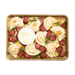 Sheet Tray Pierogies with Kielbasa & Cabbage