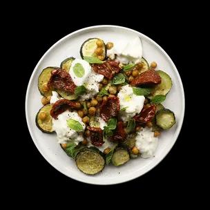 roasted-zucchini-and-chickpeas-with-burrata