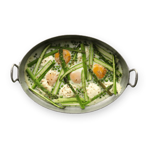Œuf cocotte asperges petits pois