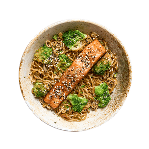 Ramen Noodles with Soy-Marinated Salmon & Broccoli
