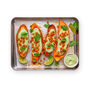 Roasted Sweet Potatoes with Chickpeas & Avocado Cream