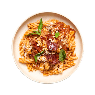 Pâtes crémeuses à la tomate & jambon croustillant