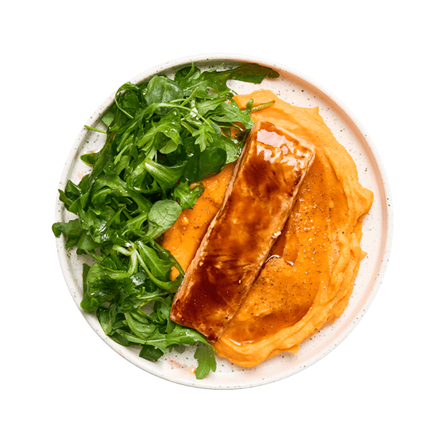 Saumon, purée de patates douces & salade Saumon, purée de patates douces & salade