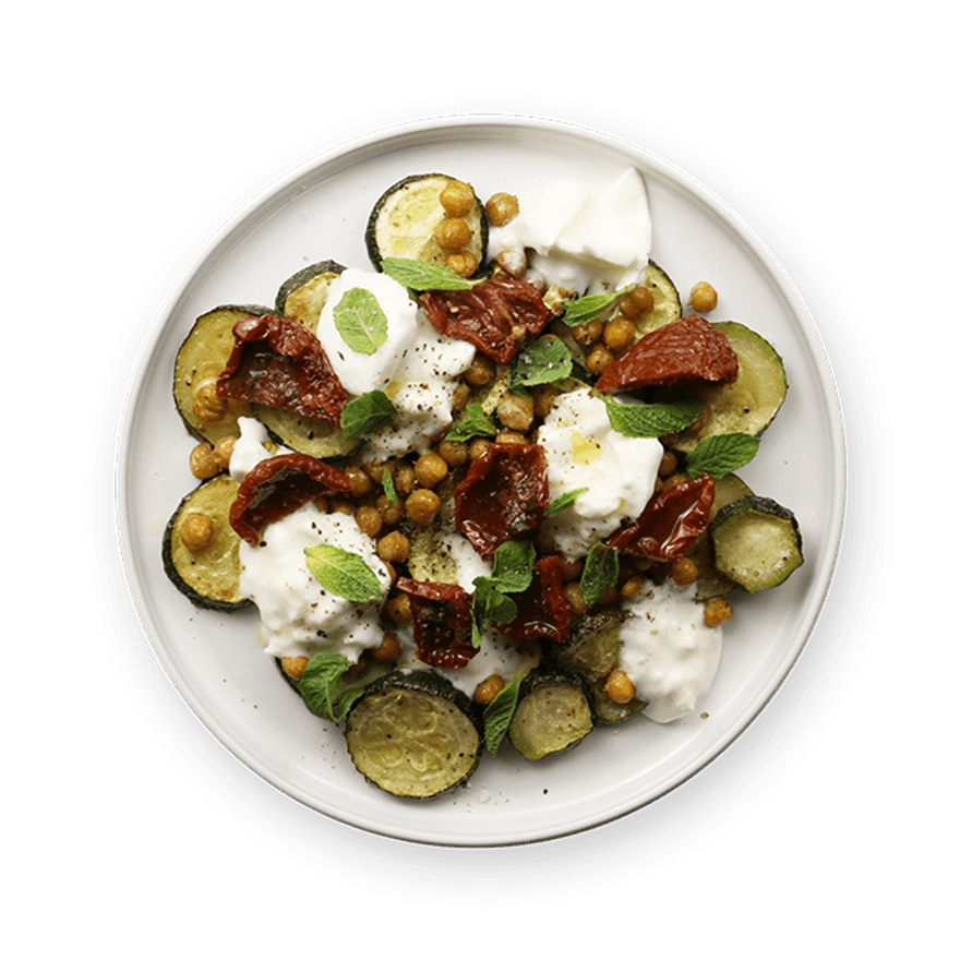 Roasted Zucchini & Chickpeas with Burrata