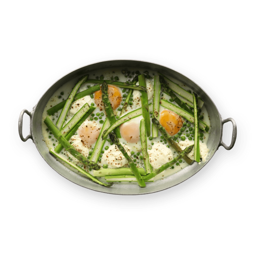 Baked Eggs with Asparagus & Peas
