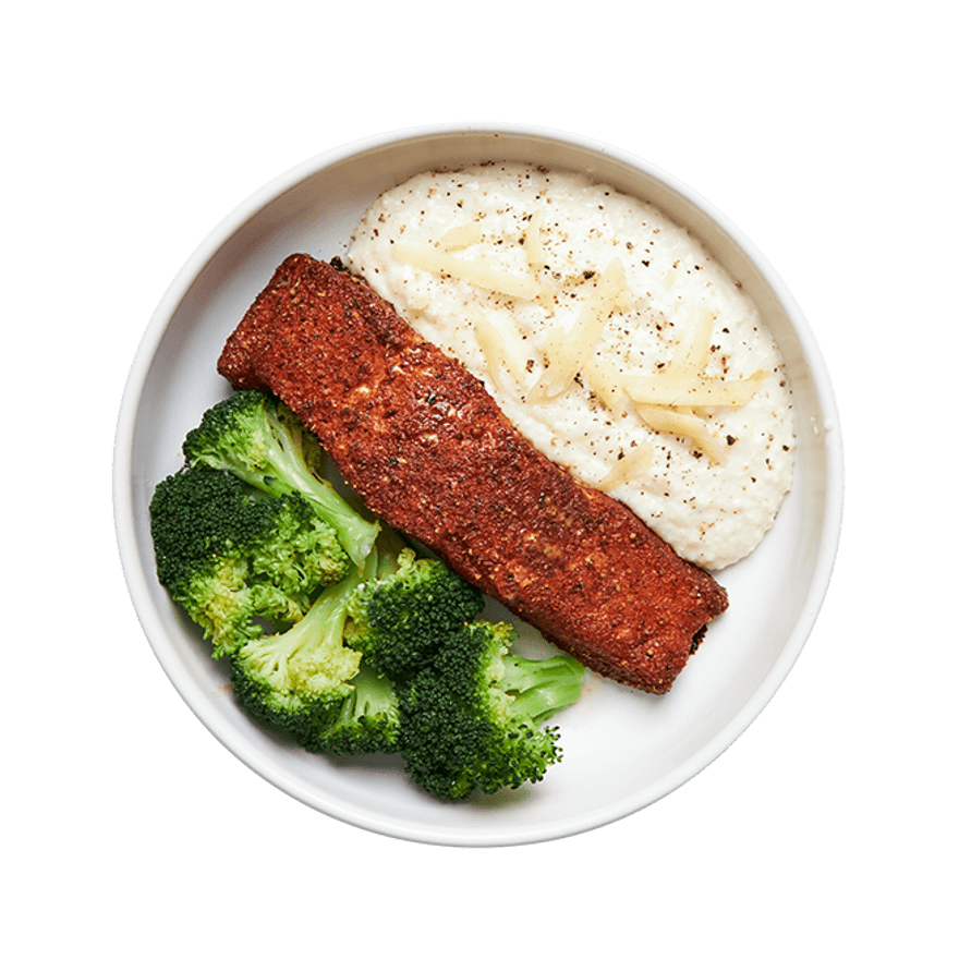Blackened Salmon with Cheesy Grits & Broccoli