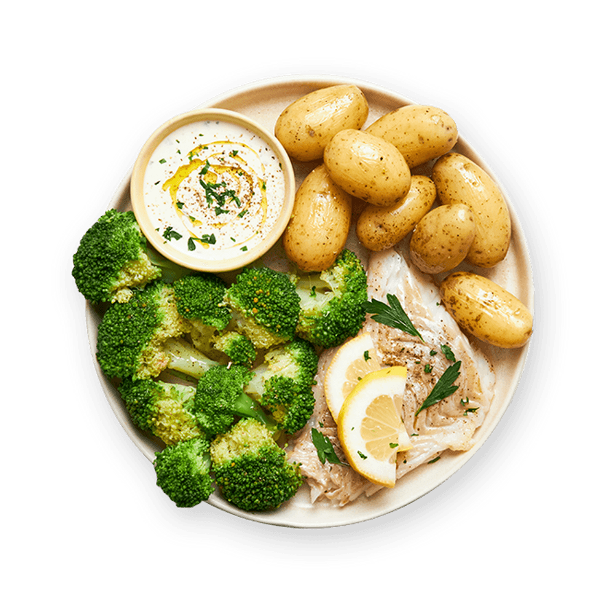 Herby Cod with Steamed Potatoes & Broccoli