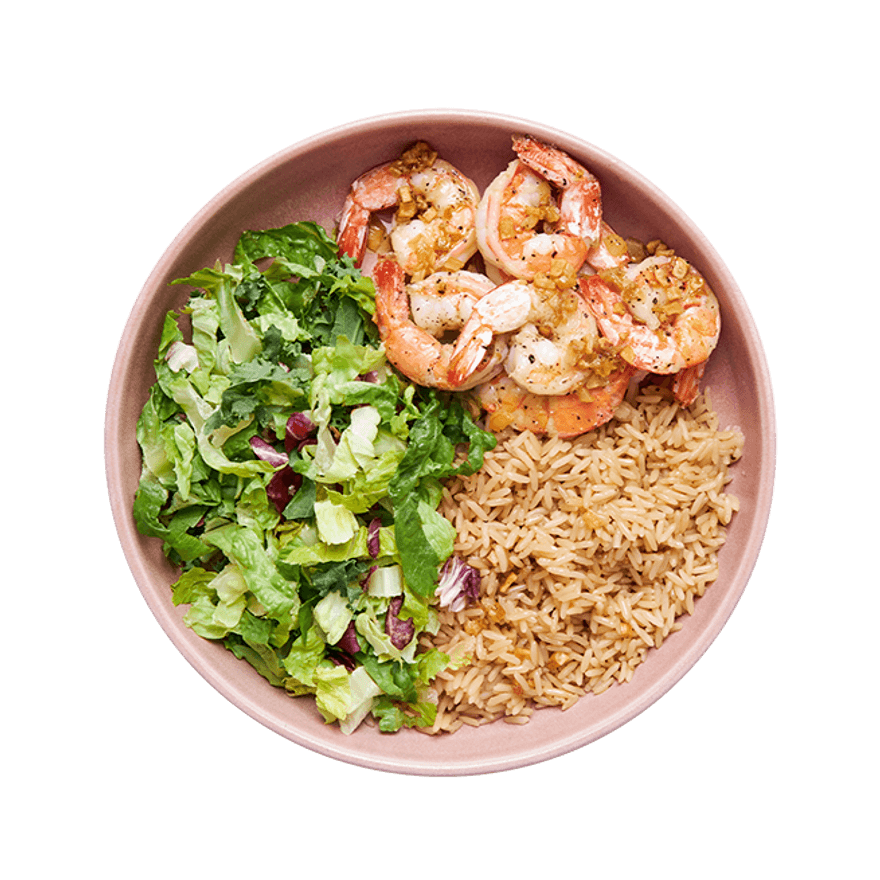 Garlicky Shrimp with Rice & Salad