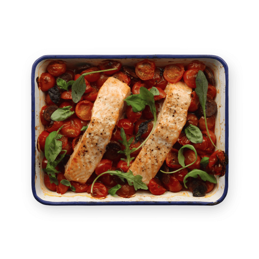 Roasted Salmon with Tomatoes & Sausage