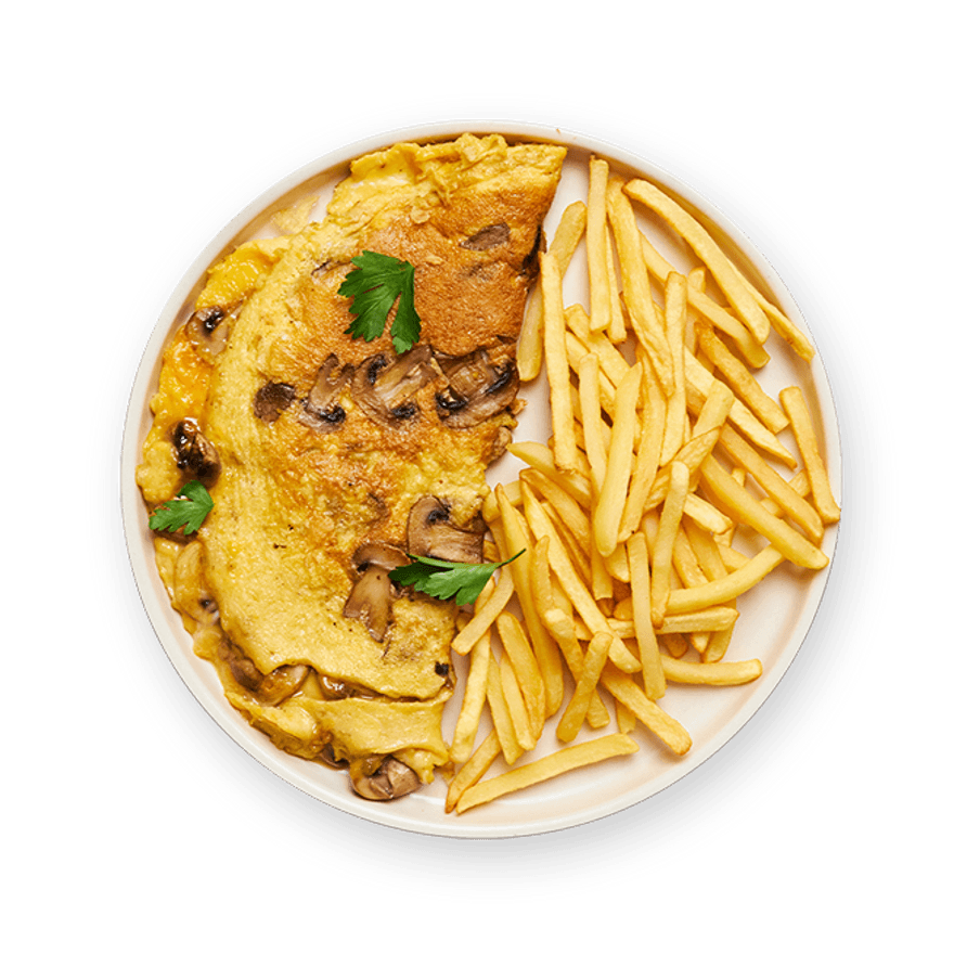 Cheesy Mushroom Omelette with Fries