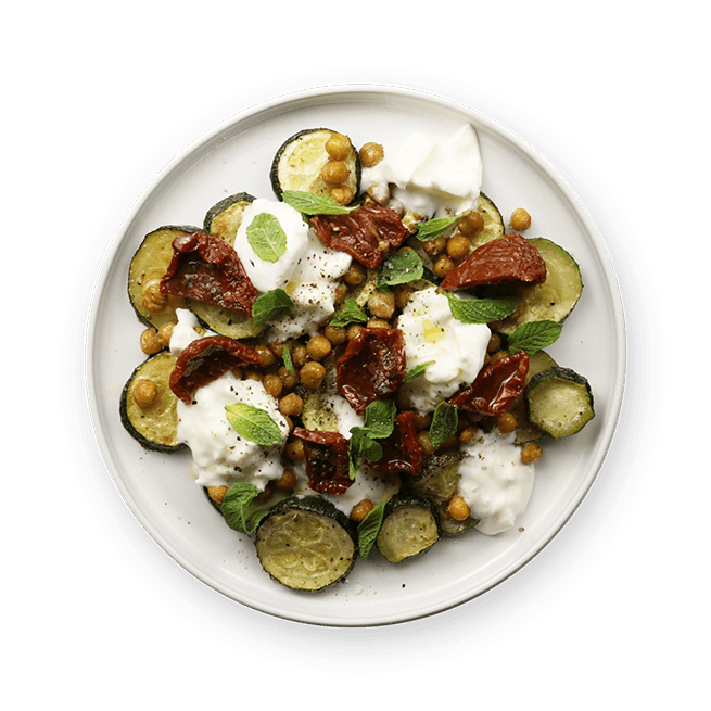 roasted-zucchini-and-chickpeas-with-burrata